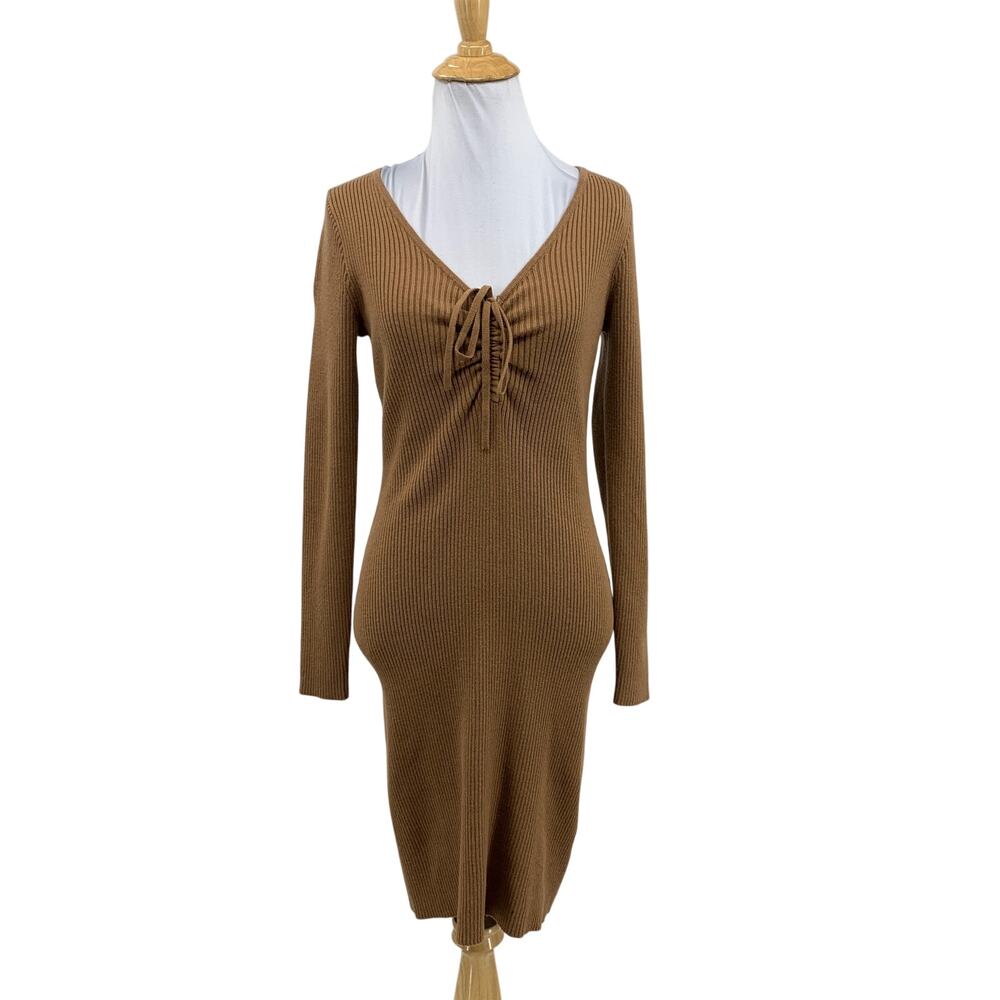 Madewell Dress Womens XS Earth Tie Front Ruched Bodycon Mini Cozy Sweater Knit